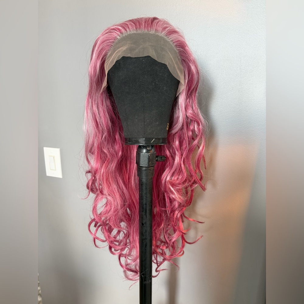 Brand new 13x3 rosy red synthetic wig w platinum/white crown & highlights. 26 in